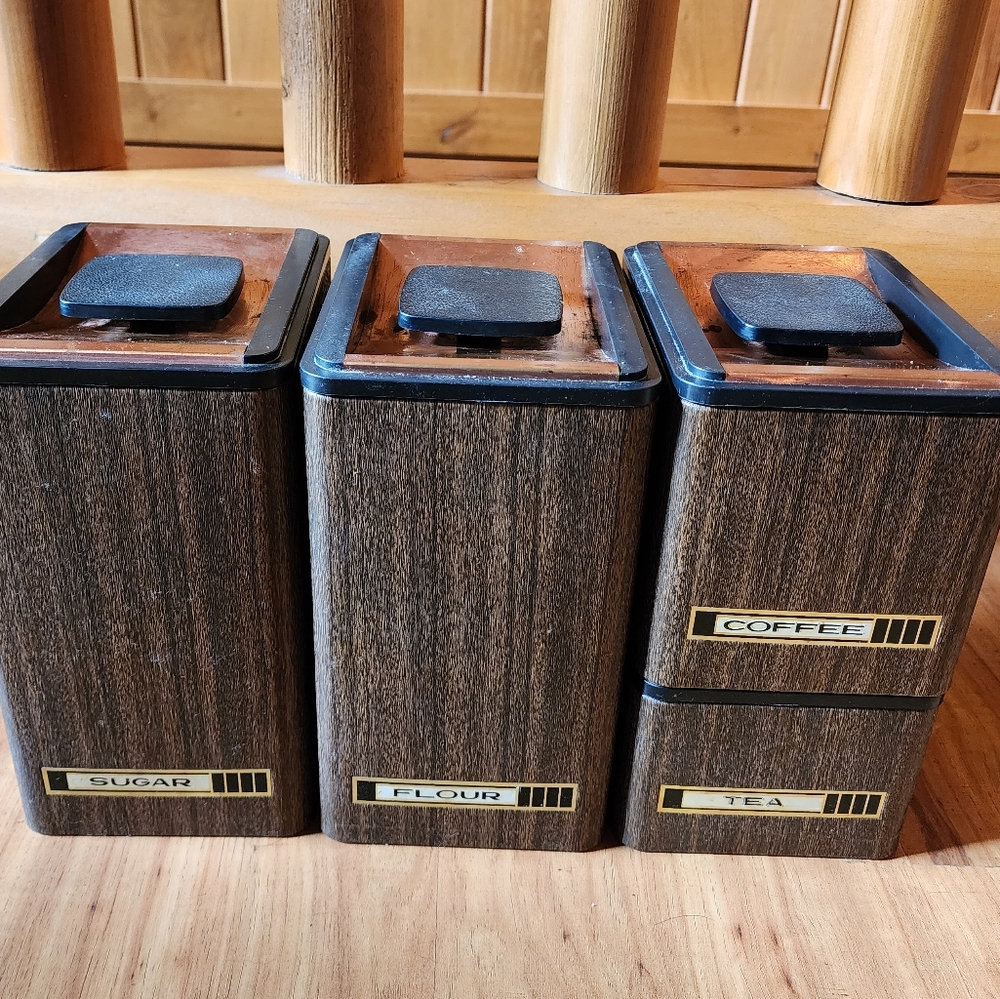 Vintage Kromex Stackable Canisters With Faux Wood Grain and Copper Lids.